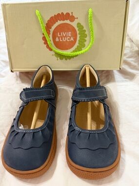 Livie & Luca Navy Blue Mary Jane Dress Shoes with Brown Soles